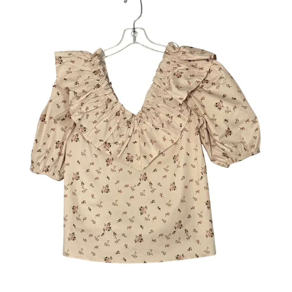 Tuckernuck Hyacinth House Charlotte Ruffle V-Neck Top Floral Puff Sleeve - Small